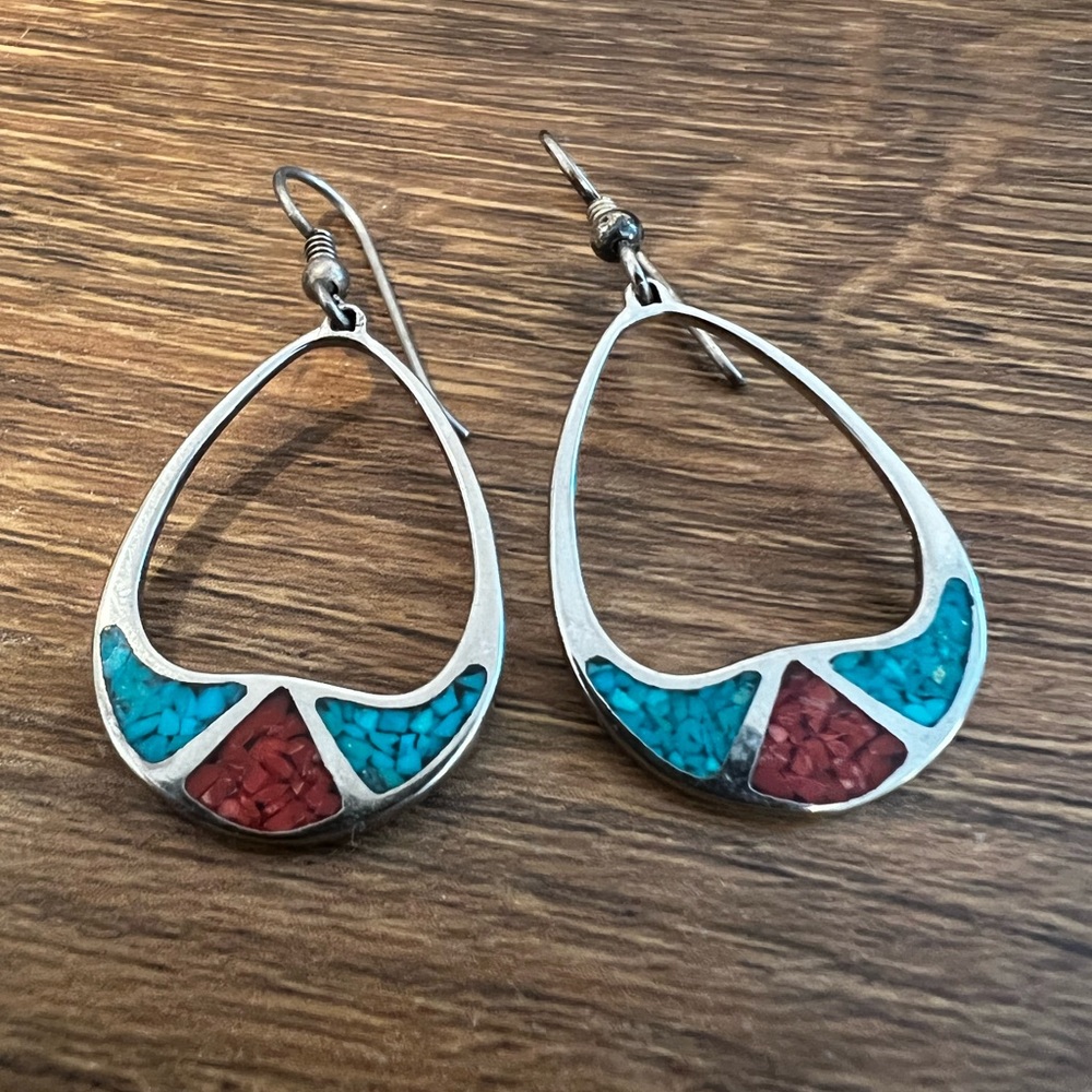 Vintage Sterling Turquoise & Coral Dangle Earrings